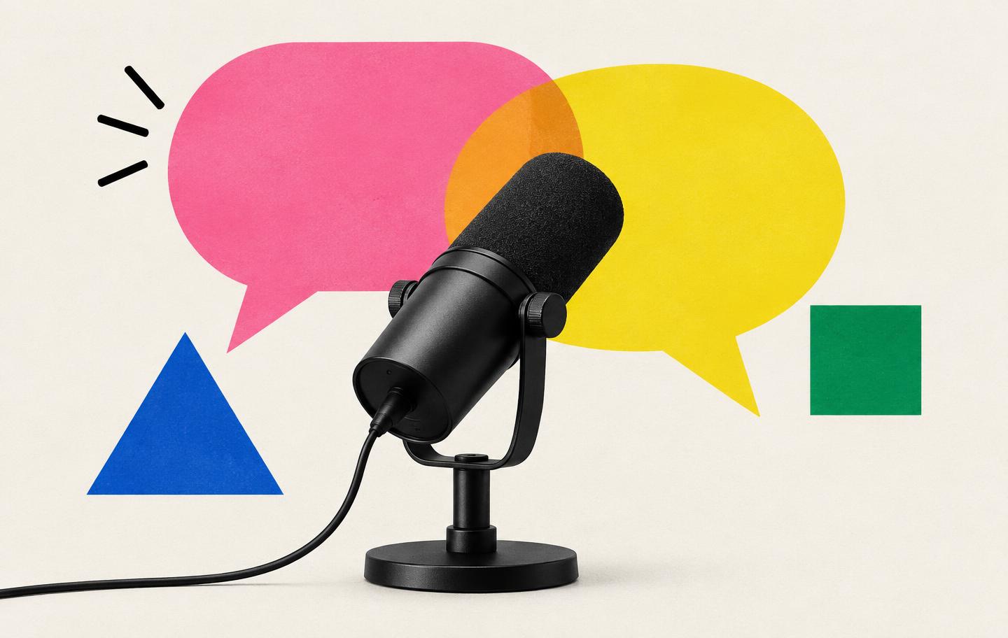 Design Stories podcast artwork: a microphone with colourful speech bubbles and geometric shapes